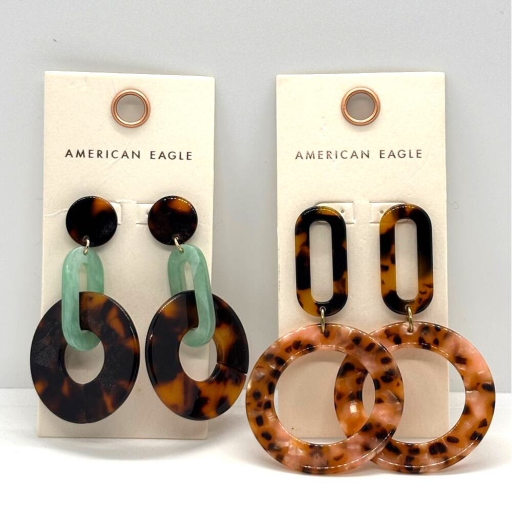 Two Pairs of American Eagle Drop Earrings, Brown, Pink, Green Plastic - New
